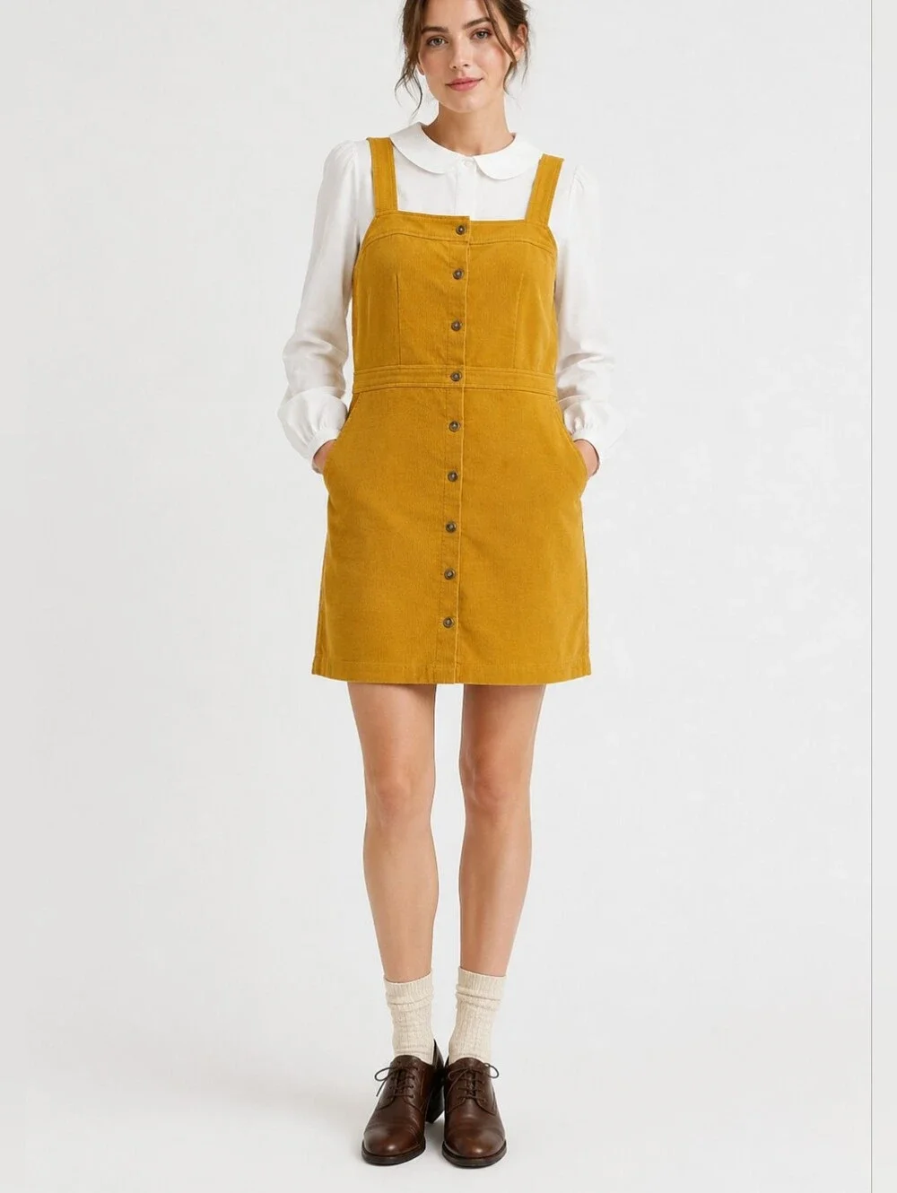 J Crew Mustard Corduroy Jumper Dress Size 8 Button Front Twee Schoolgirl Preppy